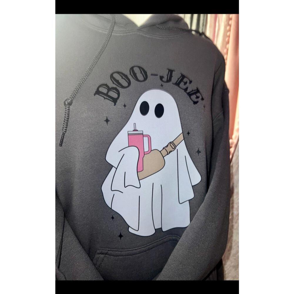 Boo-Jee Ghost Hoodie Charcoal Grey Halloween Pullover‎ Graphic Sweatshirt Mens L